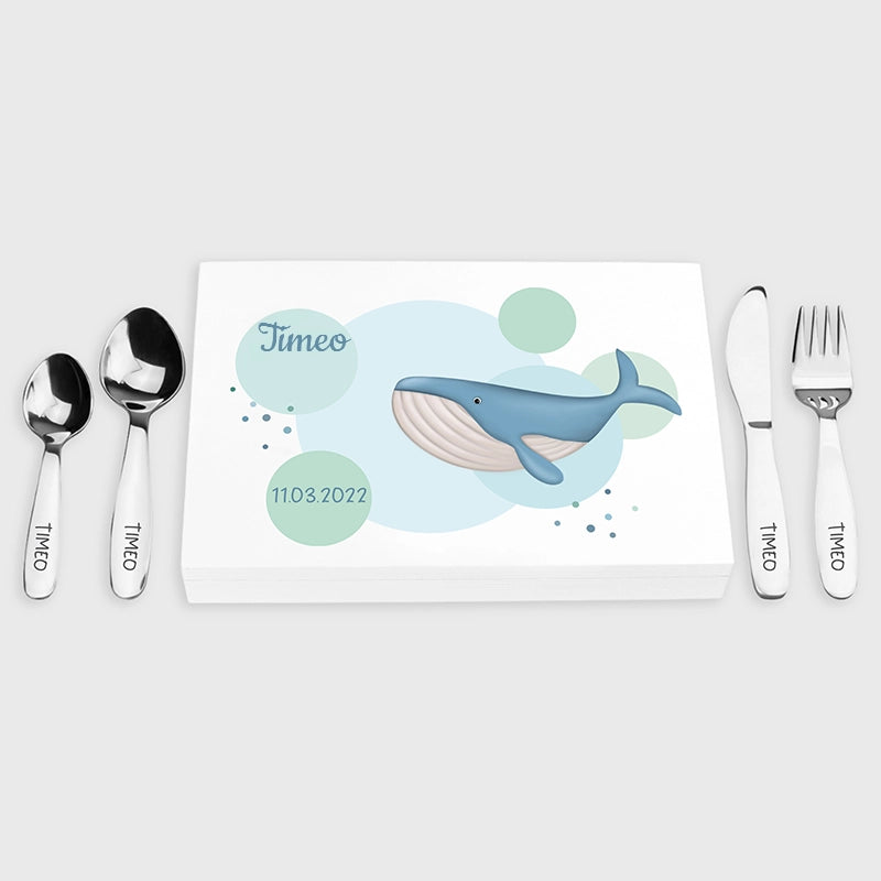 Couverts pour enfants personnalisés avec prénom - Motif Baleine - Image 1