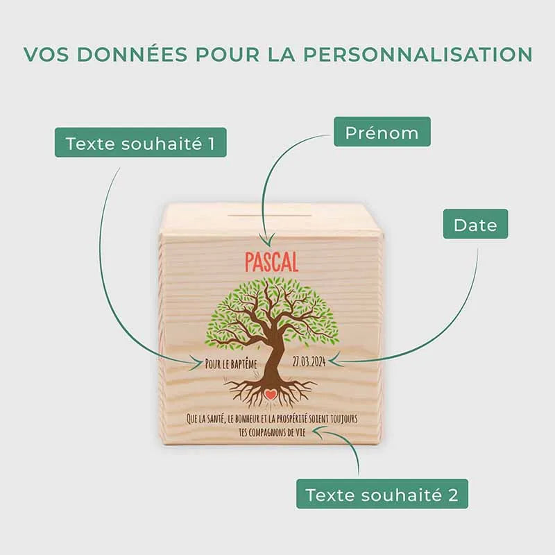 Tirelire enfant personnalisée avec prénom - Arbre de Vie avec Coeur - Image 3