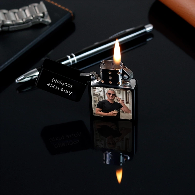 Briquet à essence en métal personnalisé avec photo pour hommes – Photo couleur, noir - Image 4