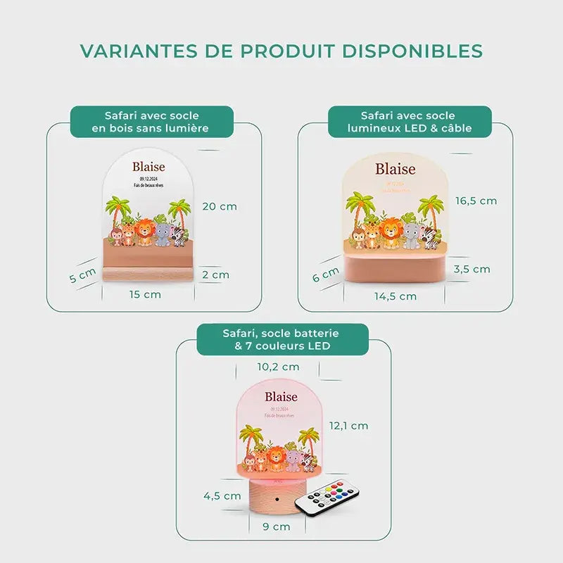 Veilleuse LED pour enfants - Personnalisée - Veilleuse bébé avec prénom, 3 socles en bois | Lampe 3D Safari - Image 4