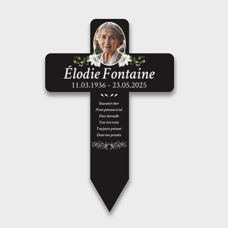 Croix funéraire personnalisée en acrylique – Ornement de tombe avec photo – Fleurs, 2 tailles - Image 1
