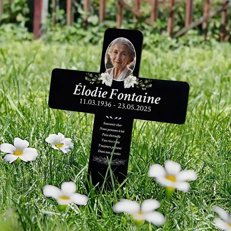 Croix funéraire personnalisée en acrylique – Ornement de tombe avec photo – Fleurs, 2 tailles - Image 2