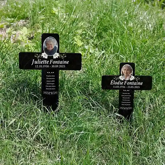 Croix funéraire personnalisée en acrylique – Ornement de tombe avec photo – Fleurs, 2 tailles - Image 4