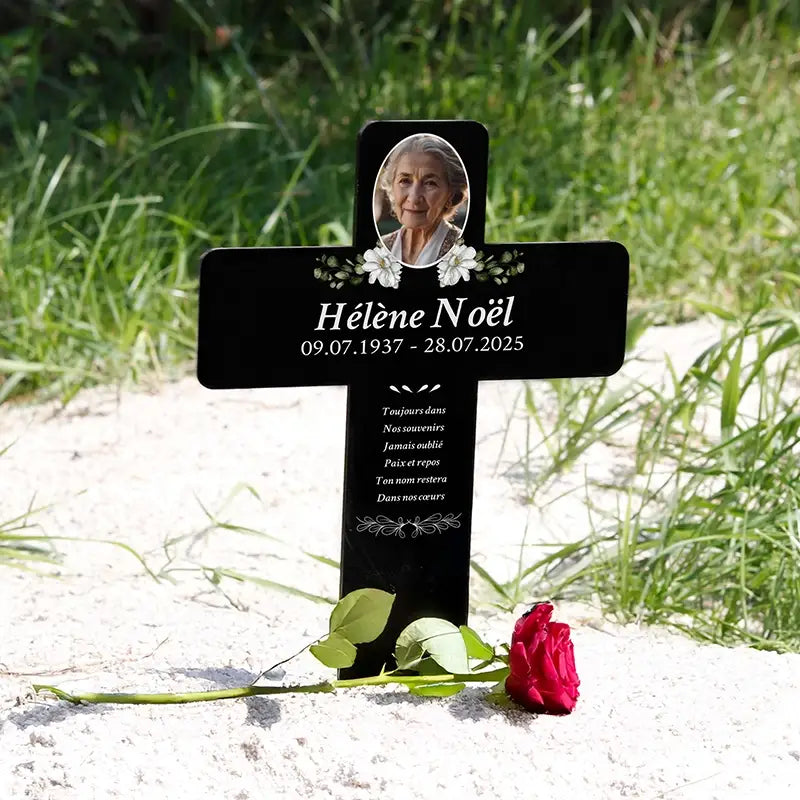 Croix funéraire personnalisée en acrylique – Ornement de tombe avec photo – Fleurs, 2 tailles - Image 7
