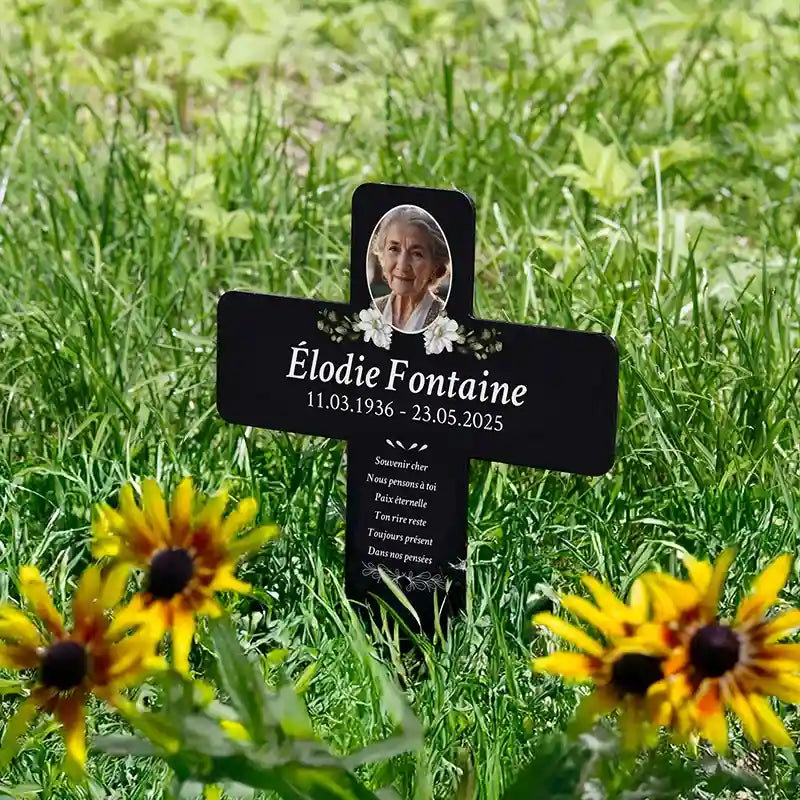 Croix funéraire personnalisée en acrylique – Ornement de tombe avec photo – Fleurs, 2 tailles - Image 8